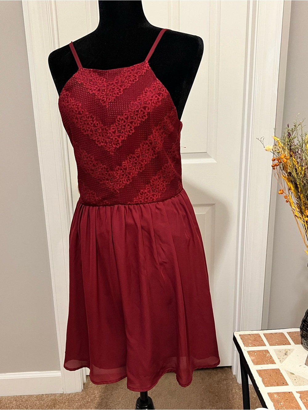 Lily Rose Deep Burgundy Halter Dress with Lace Detail
